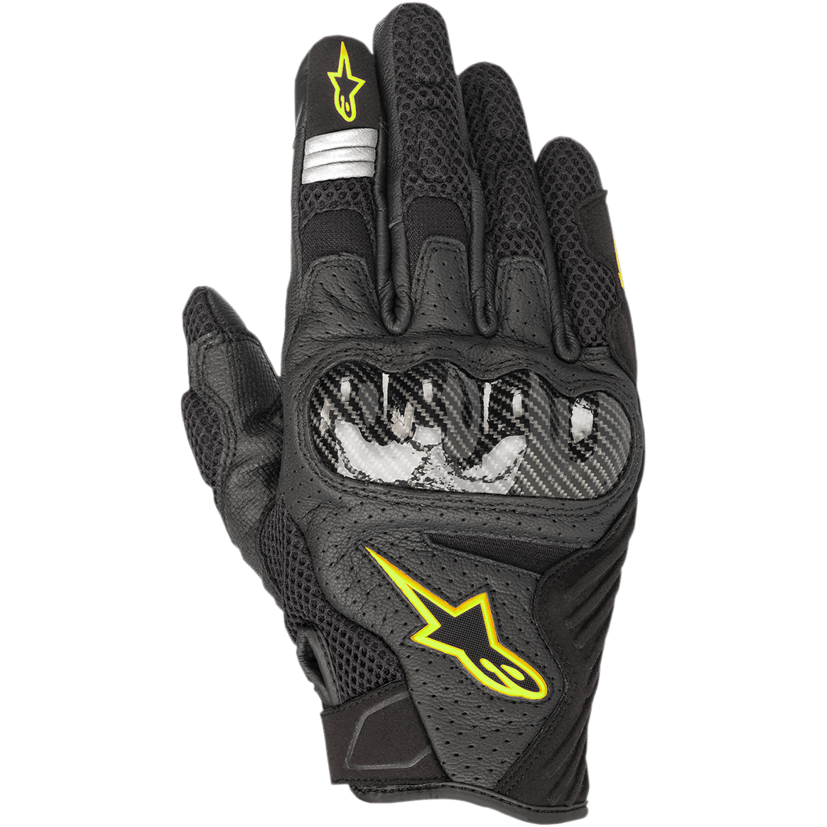 Guanti Alpinestars SMX-1 Air V2, guanti da moto, nero con accenti giallo fluorescente, protezione nocche in fibra di carbonio, costruzione in mesh e pelle traforata per la traspirabilità, logo Astars giallo e dettagli riflettenti argento sull'indice