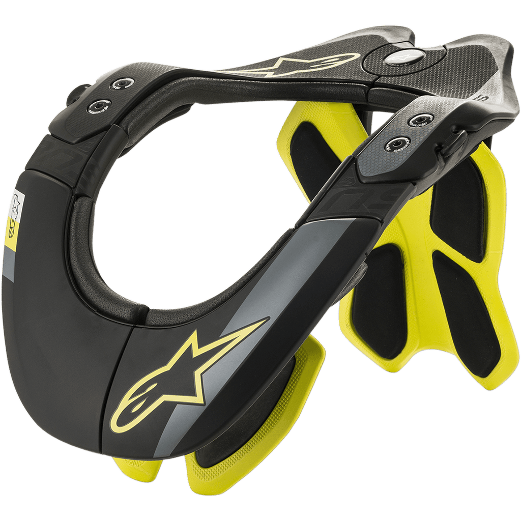 Alpinestars BNS Tech 2 Neck Support, collare protettivo da moto, nero e giallo fluorescente, telaio ergonomico in polimero di carbonio con interno imbottito, dettaglio logo a stella, protezione per motocross e fuoristrada