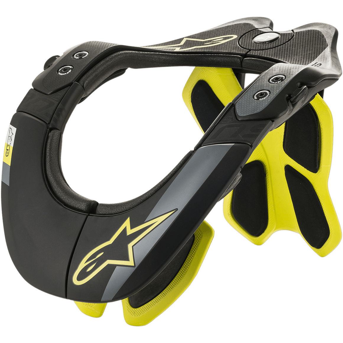 Alpinestars BNS Tech 2 Neck Support, collare protettivo da moto, nero e giallo fluorescente, telaio ergonomico in polimero di carbonio con interno imbottito, dettaglio logo a stella, protezione per motocross e fuoristrada