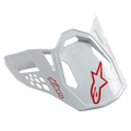 Visiera Alpinestars Supertech M10 Dyno, bianco e rosso lucido, con loghi stella rossi e design aerodinamico traforato, frontino di ricambio per caschi motocross e fuoristrada