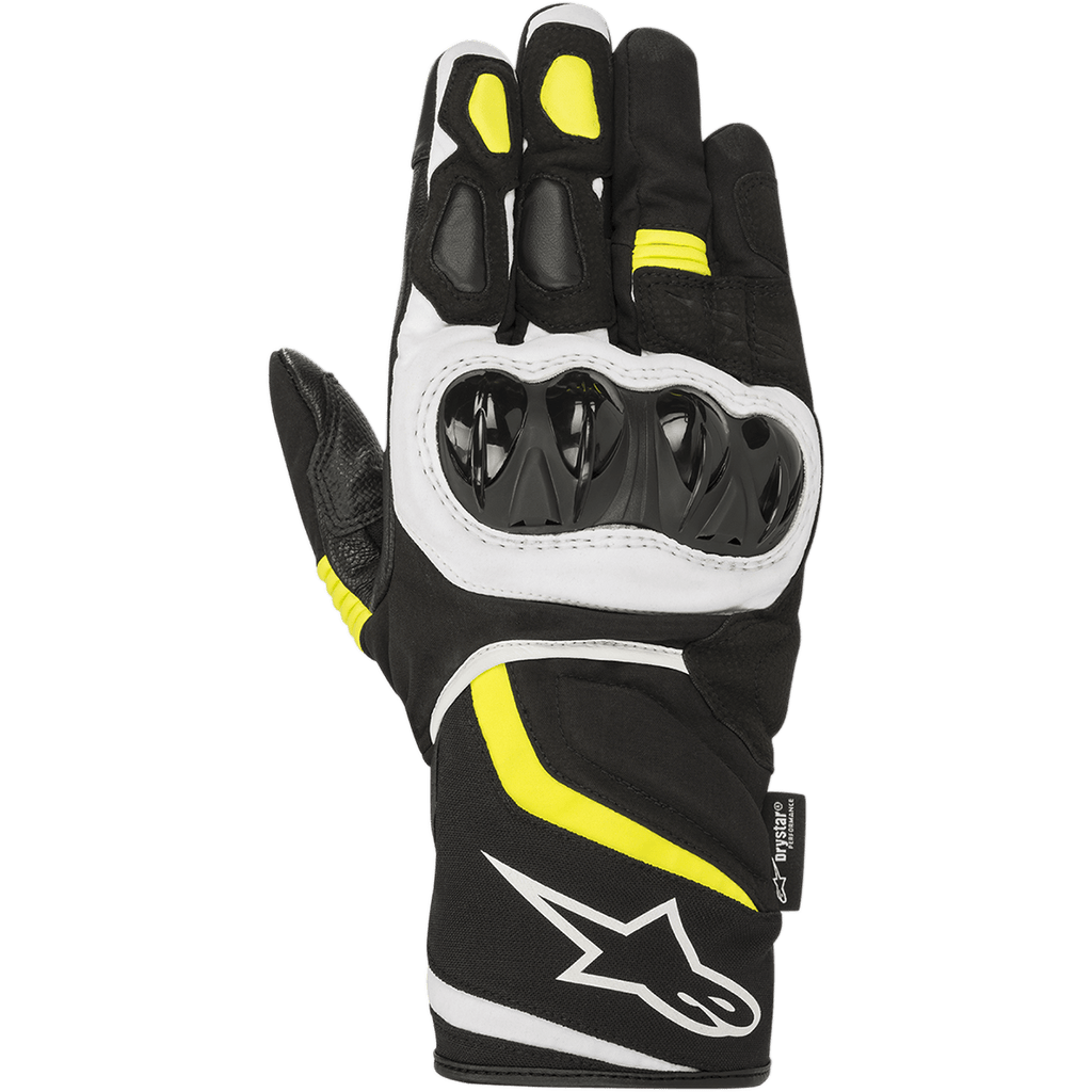 Alpinestars T-SP W Drystar® Gloves, guanti sportivi da moto, nero con dettagli giallo fluo e bianchi, protezione rigida per le nocche, polsino di media lunghezza con logo bianco, costruzione in tessuto impermeabile e softshell