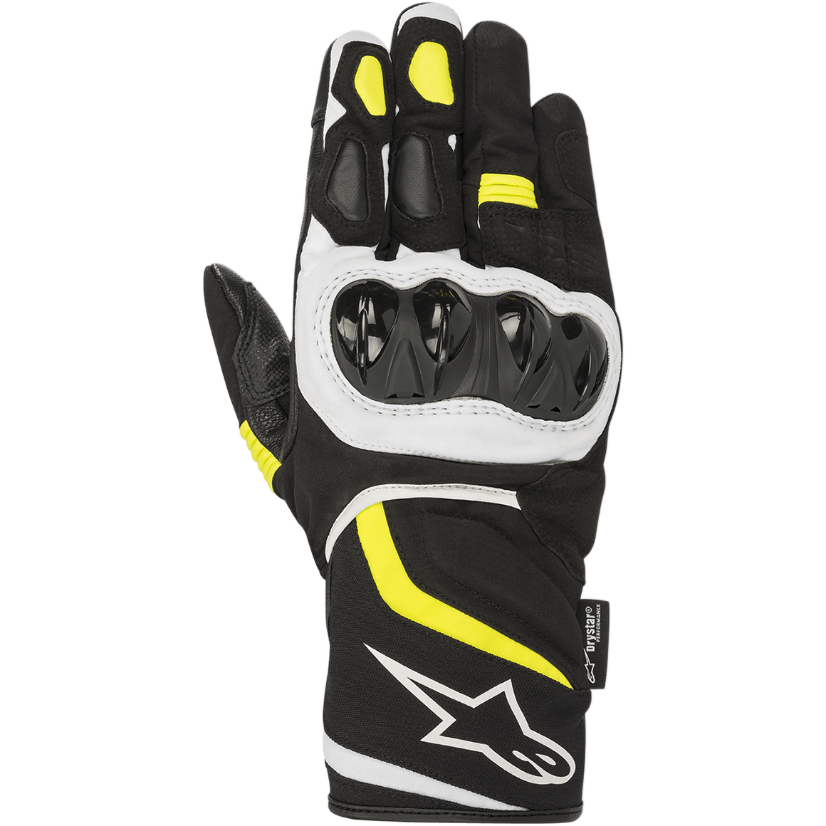 Alpinestars T-SP W Drystar® Gloves, guanti sportivi da moto, nero con dettagli giallo fluo e bianchi, protezione rigida per le nocche, polsino di media lunghezza con logo bianco, costruzione in tessuto impermeabile e softshell