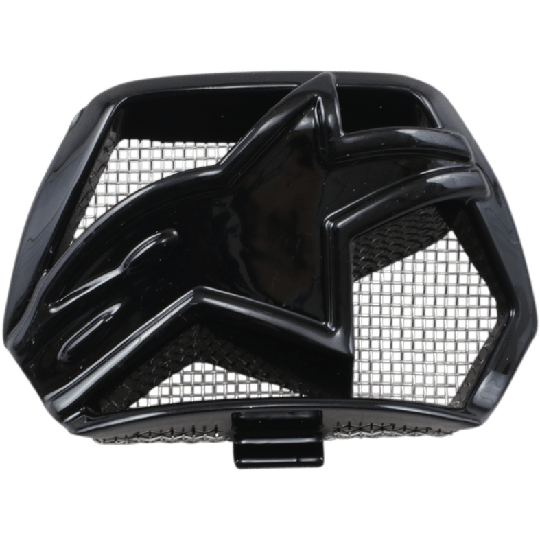 Alpinestars Supertech M10/M8 Presa d'Aria Mentoniera, ricambio in plastica nera lucida, con logo centrale a stella e griglia interna in rete, accessorio di ventilazione per casco da motocross
