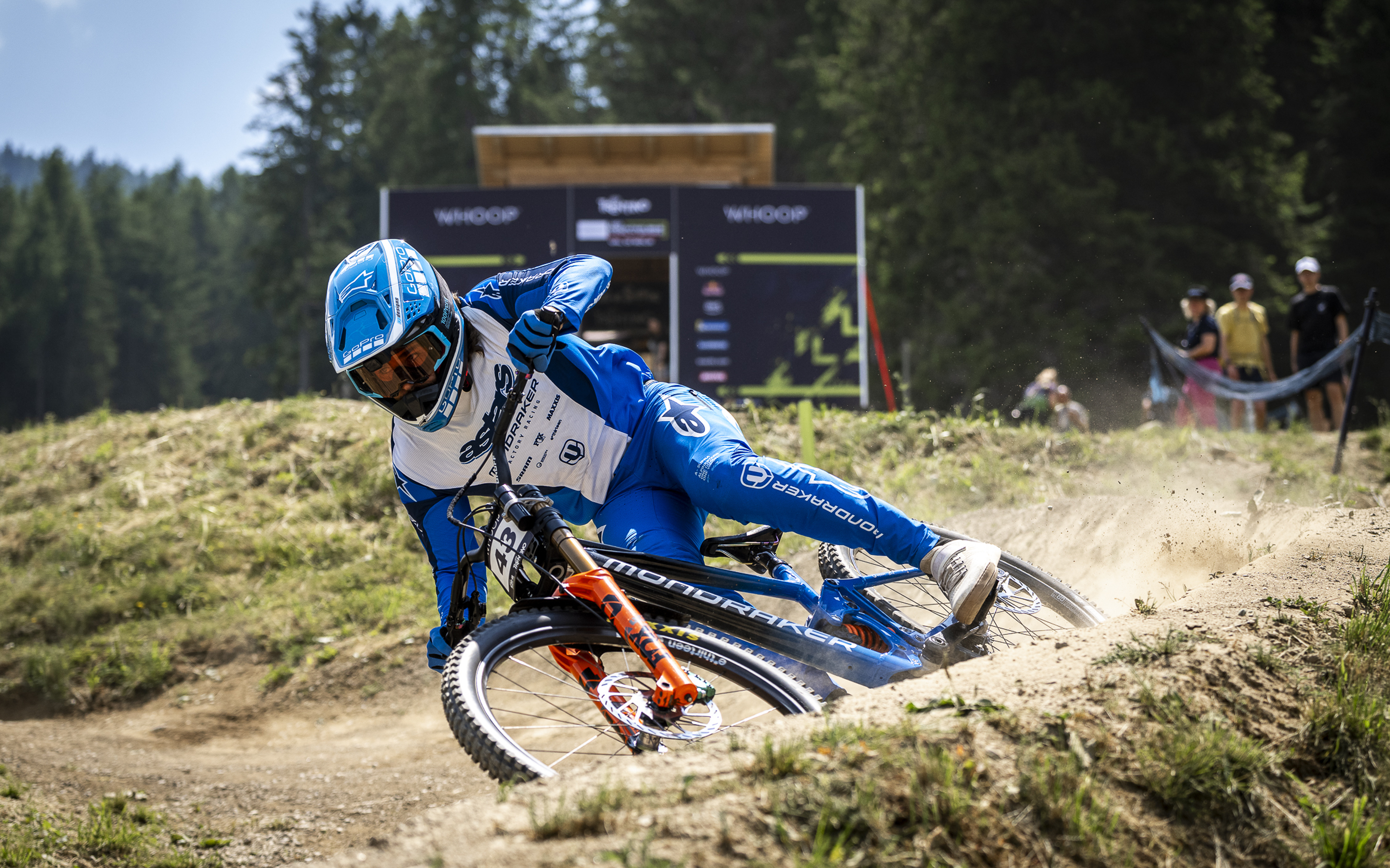 Mountainbike rider from USA Dakotah Norton on the track wearing Alpinestars clothing and helmet
