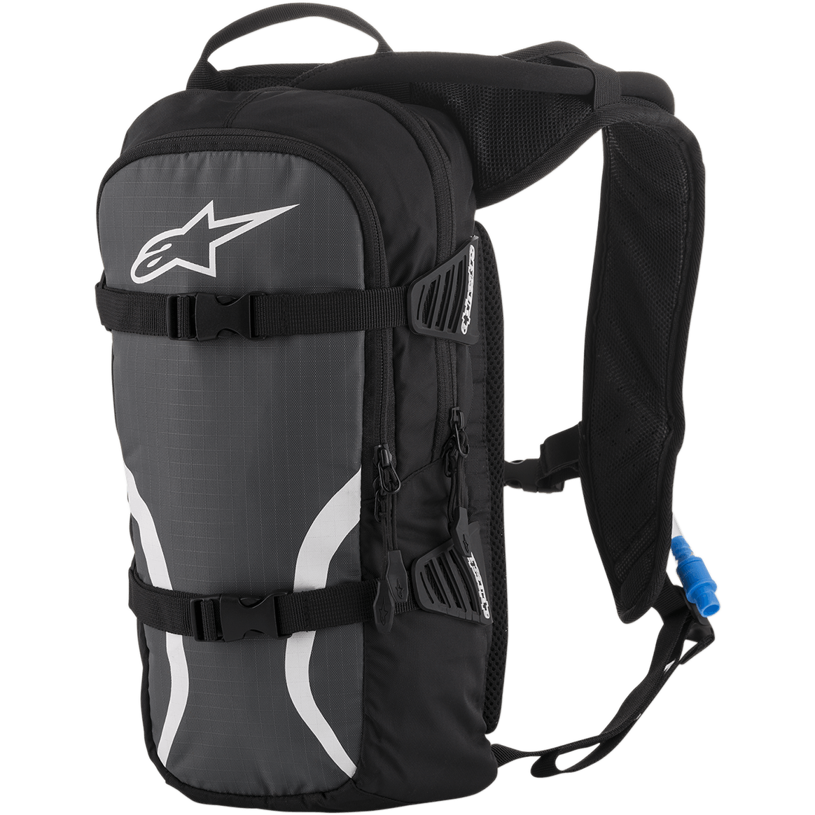 Alpinestars Iguana Hydration Backpack, zaino idrico off-road, nero antracite e bianco, con spallacci imbottiti in rete, cinghie di compressione anteriori con fibbie, scomparti con zip e tubo di idratazione blu con boccaglio