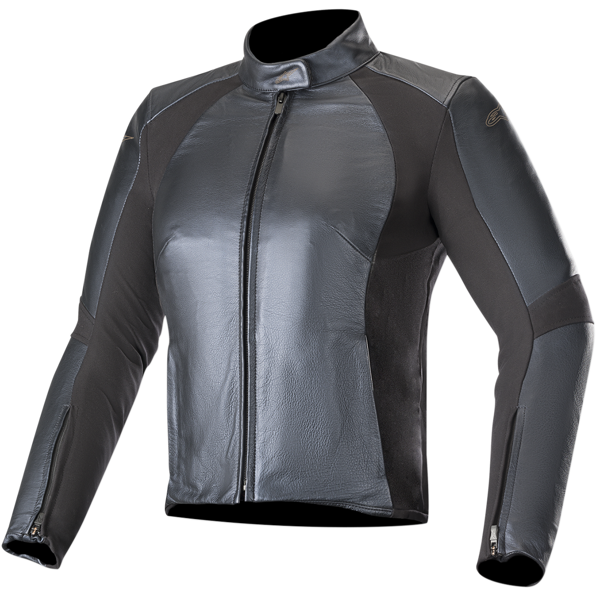 Alpinestars Stella Vika V2, giacca da moto in pelle da donna, blu metallizzato, elegante struttura in pelle con pannelli elasticizzati in aramide opaca, collo alto, cerniera frontale, design sagomato e aderente
