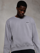 Alpinestars Essentials Ageless Crew, felpa girocollo premium color argento, con un piccolo logo Alpinestars nero sul petto, indossata da un modello, stile streetwear casual con consistenza in morbido pile.