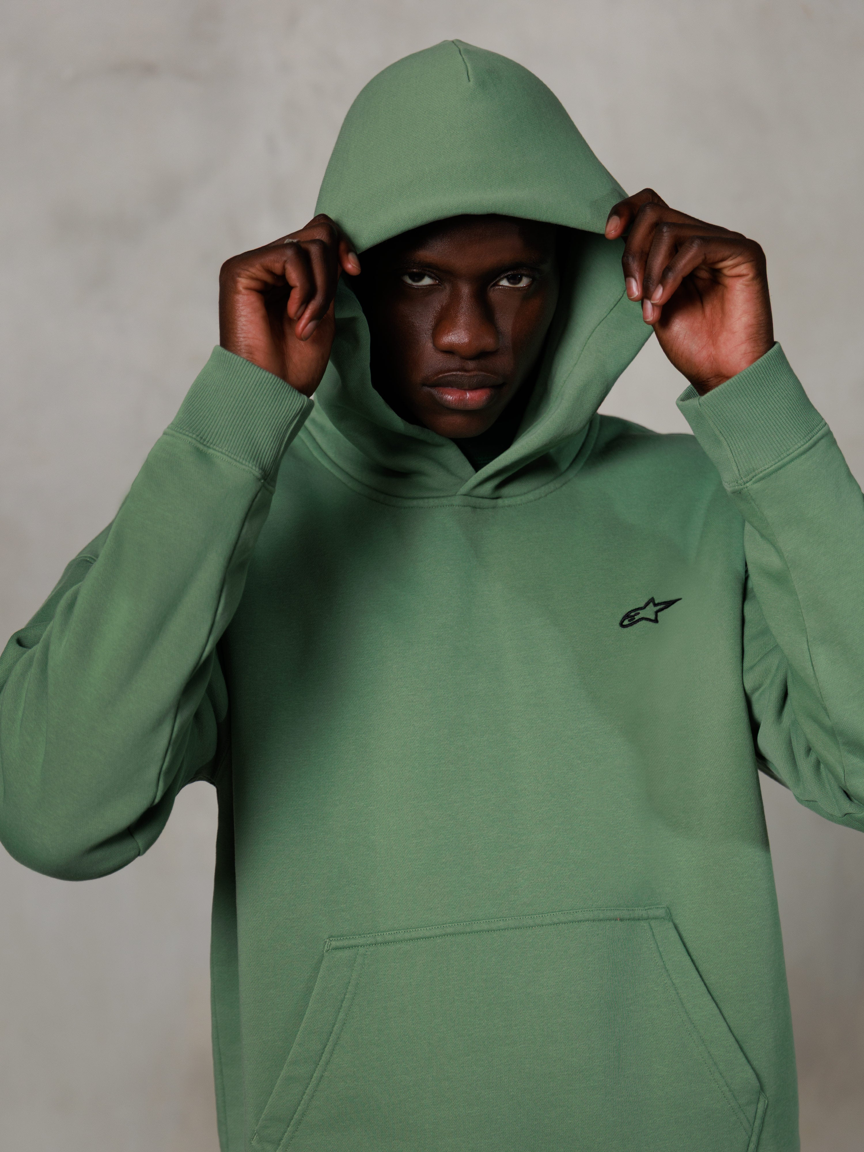 Alpinestars Essentials Ageless Hoodie, streetwear casual, verde cactus con piccolo logo nero sul petto, modello con cappuccio alzato, tasca a marsupio anteriore, design rilassato ispirato al motorsport