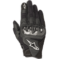 Guanti Alpinestars SMX-1 Air V2, guanti da moto neri, protezione nocche in stile fibra di carbonio, logo stella bianco, pannelli in mesh e pelle traforata per la ventilazione, design a polsino corto per uso stradale e urbano.