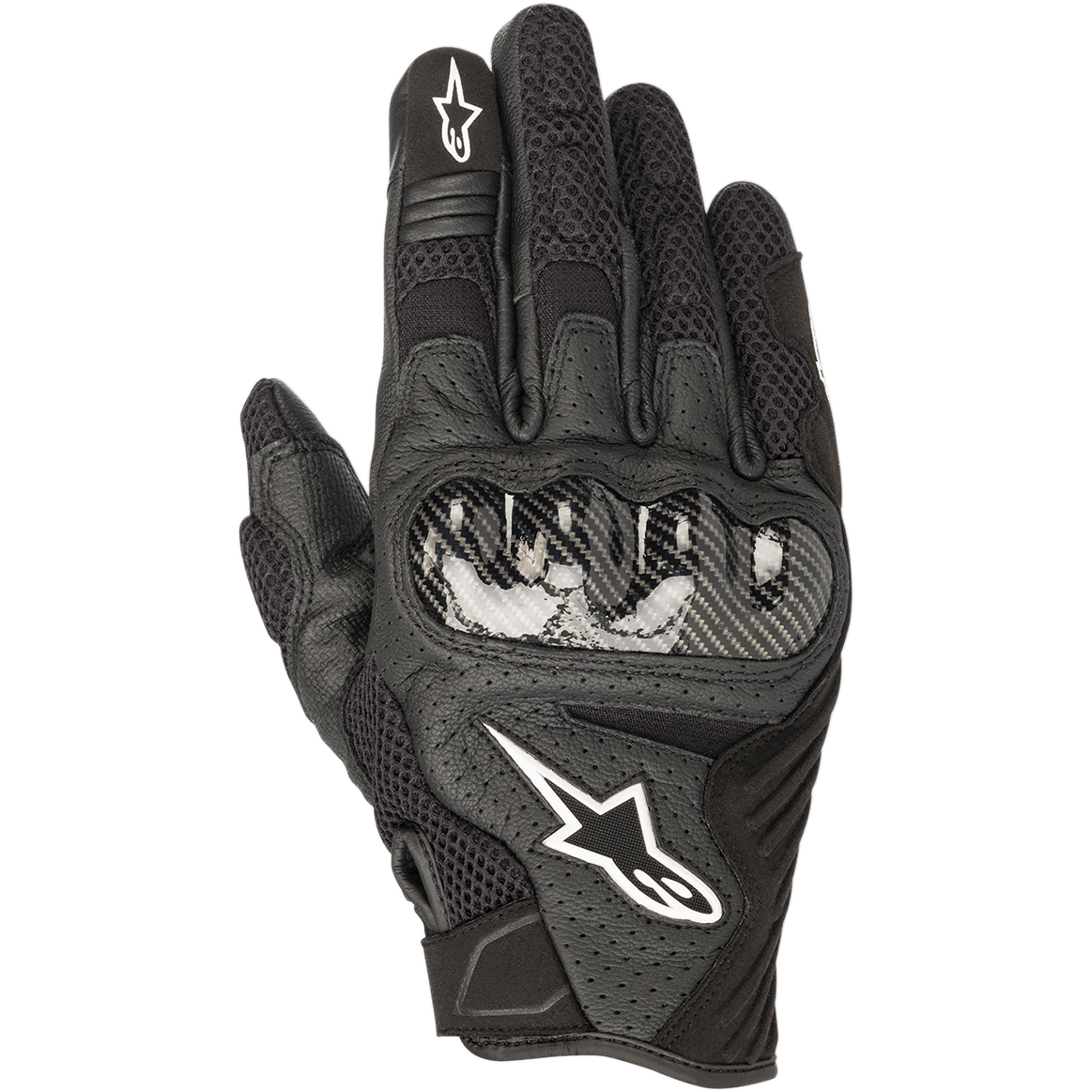 Guanti Alpinestars SMX-1 Air V2, guanti da moto neri, protezione nocche in stile fibra di carbonio, logo stella bianco, pannelli in mesh e pelle traforata per la ventilazione, design a polsino corto per uso stradale e urbano.