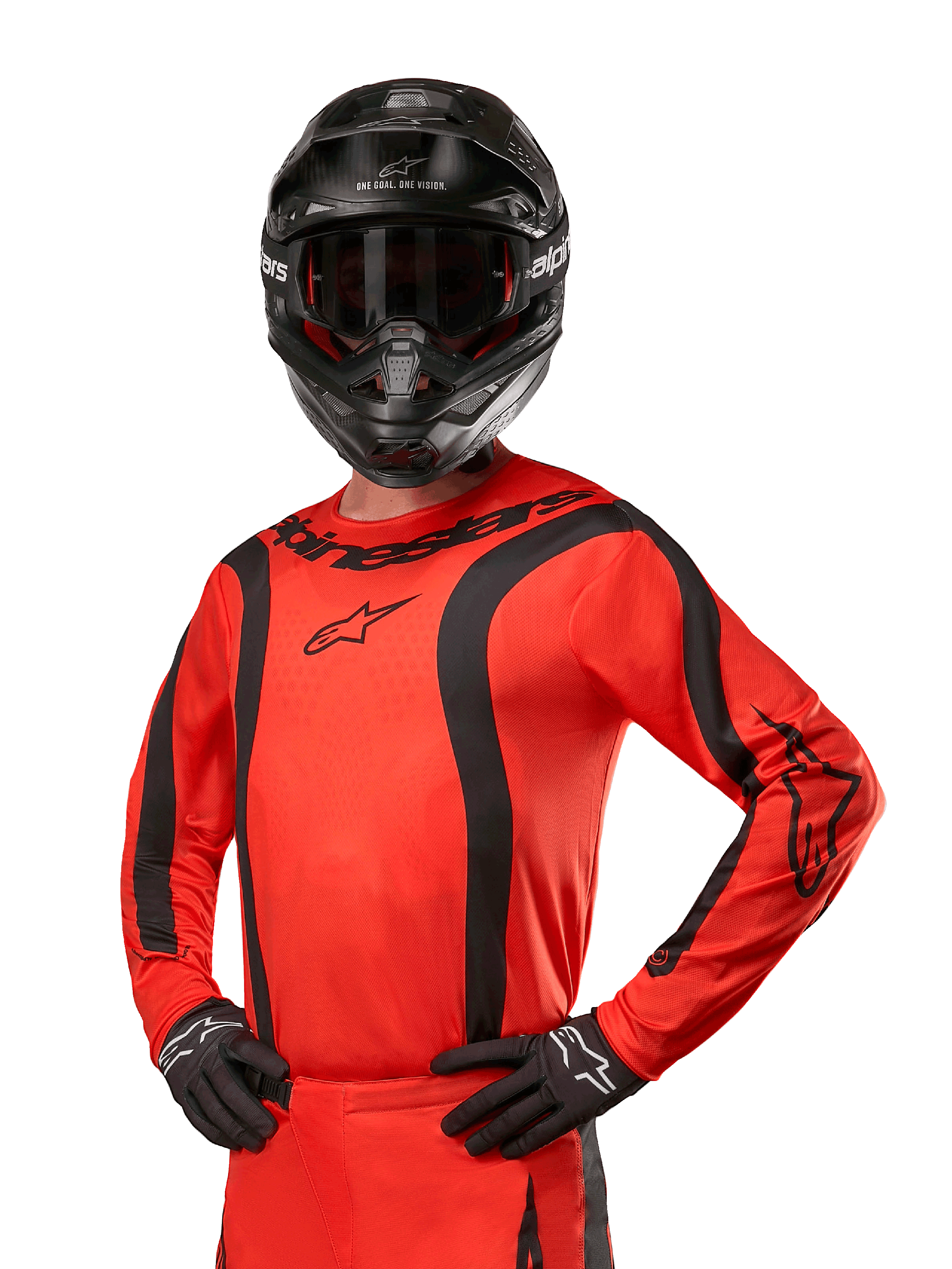 Alpinestars Maglia Fluid Lurv 2024, maglia da motocross, arancione acceso e nero, a maniche lunghe con strisce nere curve, loghi Alpinestars su petto e spalle, indossata con casco e guanti neri, abbigliamento sportivo da fuoristrada