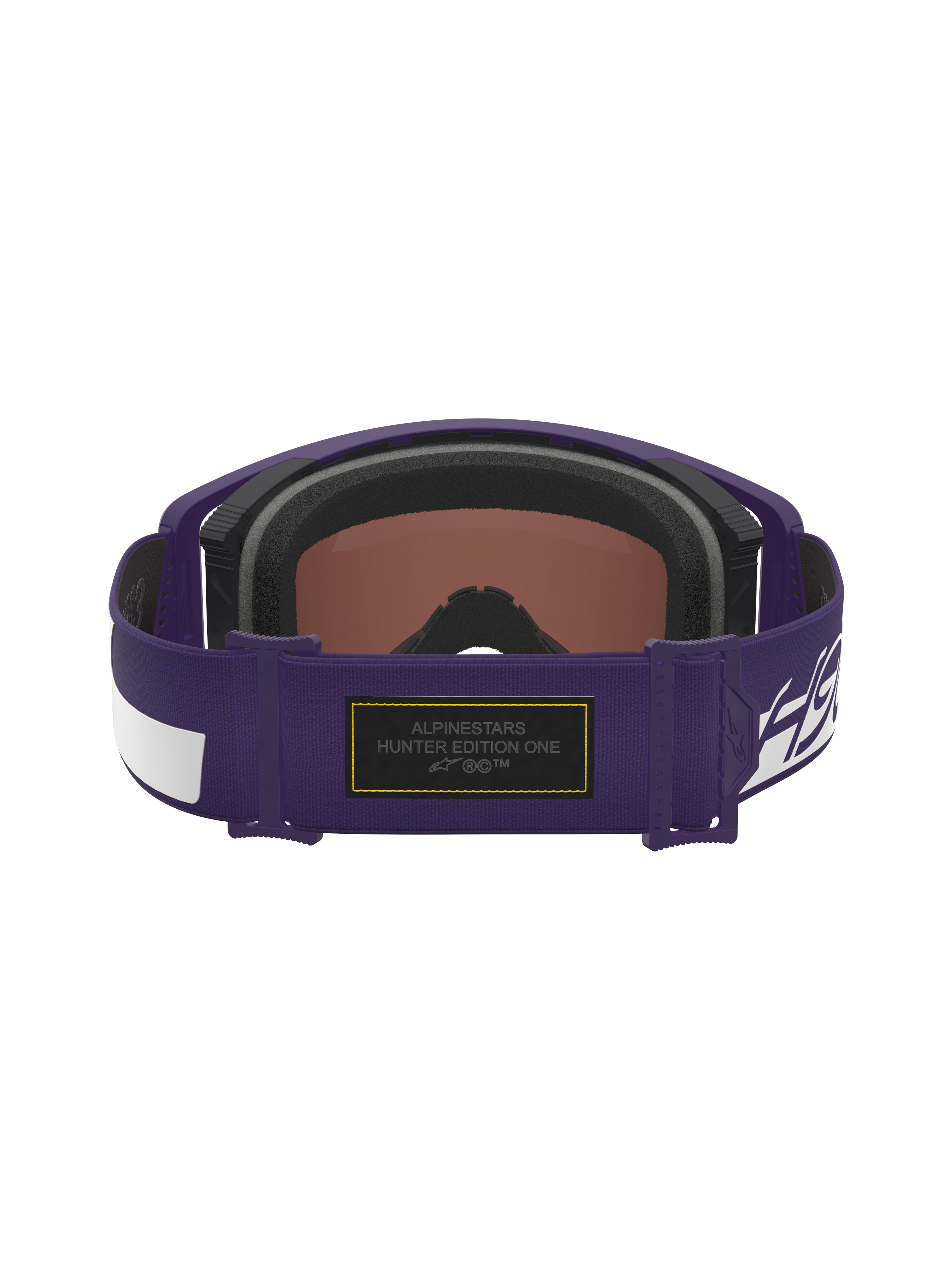 Maschera Alpinestars Limited Edition HUNTA96 XXV Supertech Vision, viola e bianco, vista posteriore della fascia regolabile con toppa in Alcantara nera, cuciture gialle a contrasto e marchio Hunter Edition One, occhiali da motocross premium ispirati alla Porsche GT3RS