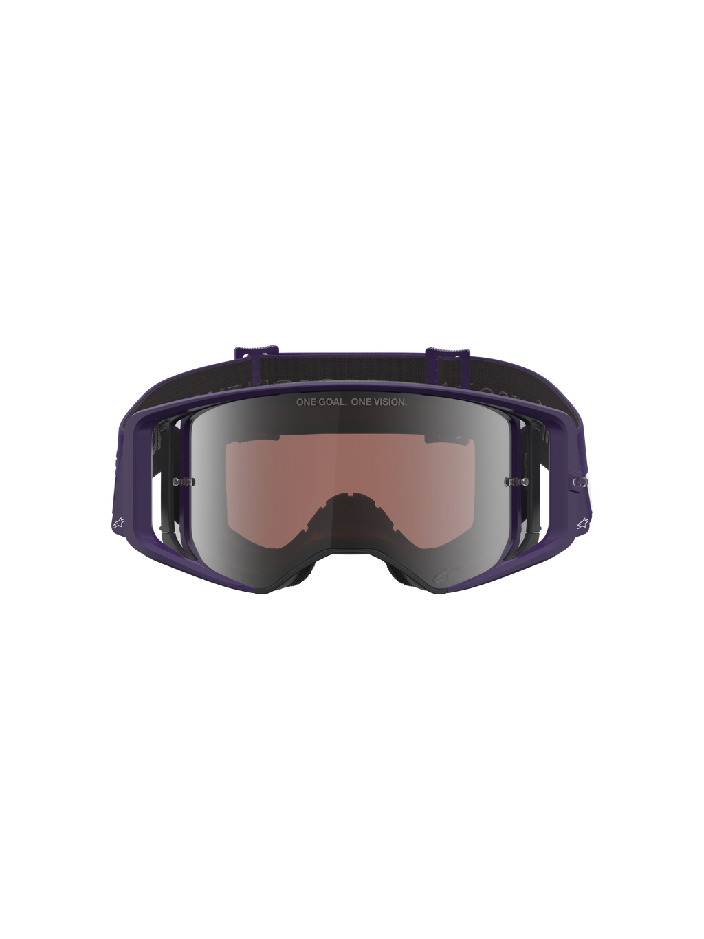 Alpinestars Limited Edition HUNTA96 XXV Supertech Vision, maschera da motocross, viola e bianco con lenti a specchio argentate, vista frontale che mostra la lente riflettente con testo 'ONE GOAL. ONE VISION.', design della montatura con ampia visione periferica per corse fuoristrada