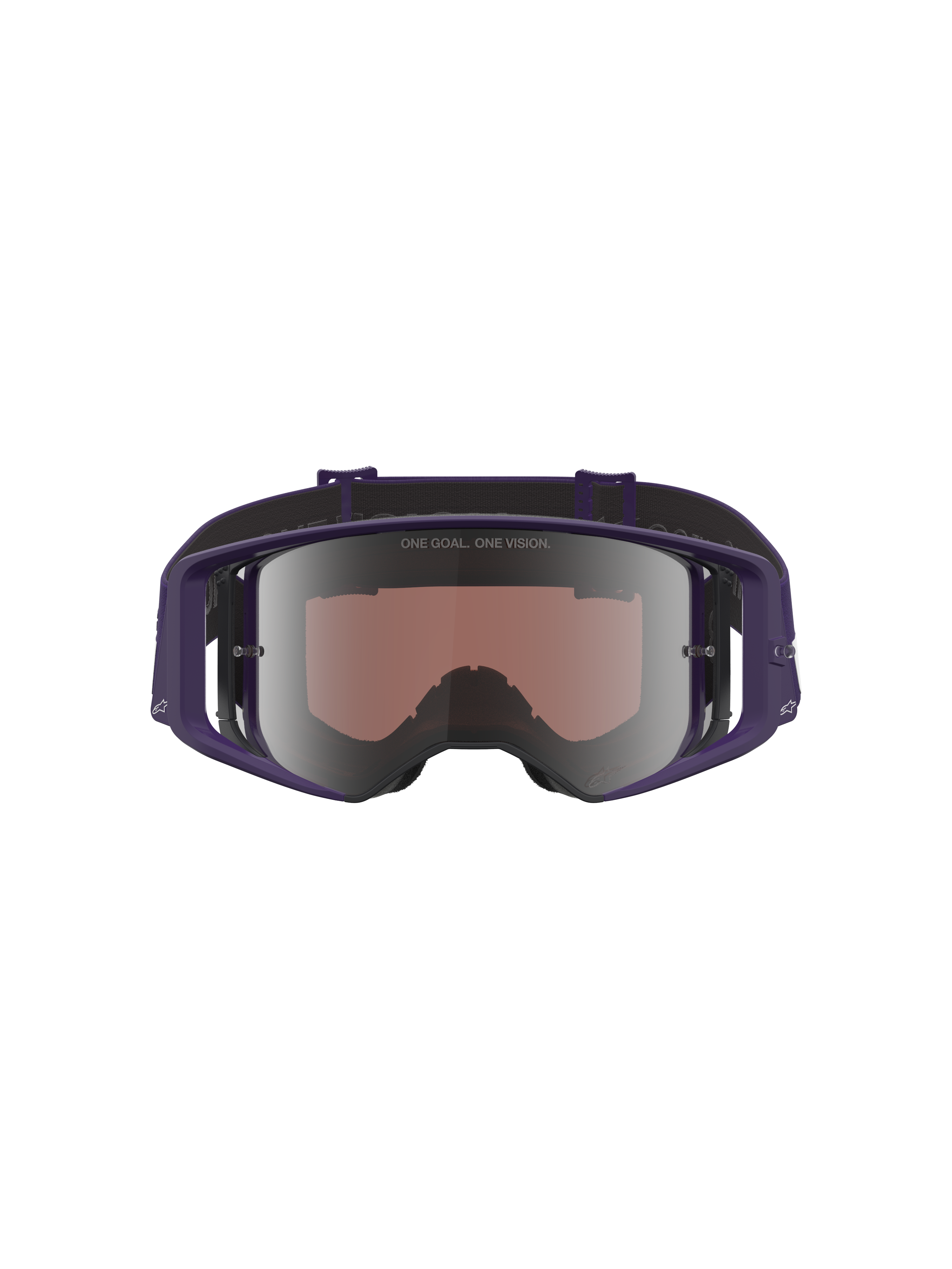 Alpinestars Limited Edition HUNTA96 XXV Supertech Vision, maschera da motocross, viola e bianco con lenti a specchio argentate, vista frontale che mostra la lente riflettente con testo 'ONE GOAL. ONE VISION.', design della montatura con ampia visione periferica per corse fuoristrada