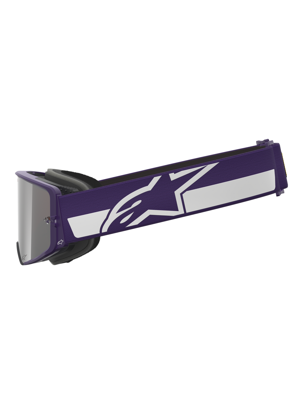 Alpinestars Limited Edition HUNTA96 XXV Supertech Vision Goggles, maschera da motocross, viola e bianco, profilo laterale con ampio cinturino viola, logo a stella Alpinestars bianco e striscia, lente a specchio argentata, occhiali da fuoristrada ad alte prestazioni
