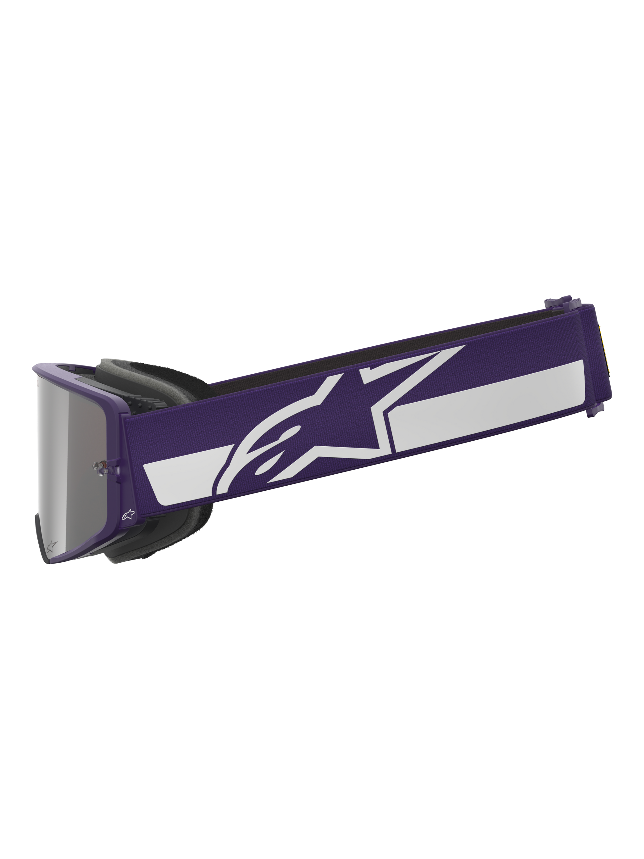 Alpinestars Limited Edition HUNTA96 XXV Supertech Vision Goggles, maschera da motocross, viola e bianco, profilo laterale con ampio cinturino viola, logo a stella Alpinestars bianco e striscia, lente a specchio argentata, occhiali da fuoristrada ad alte prestazioni