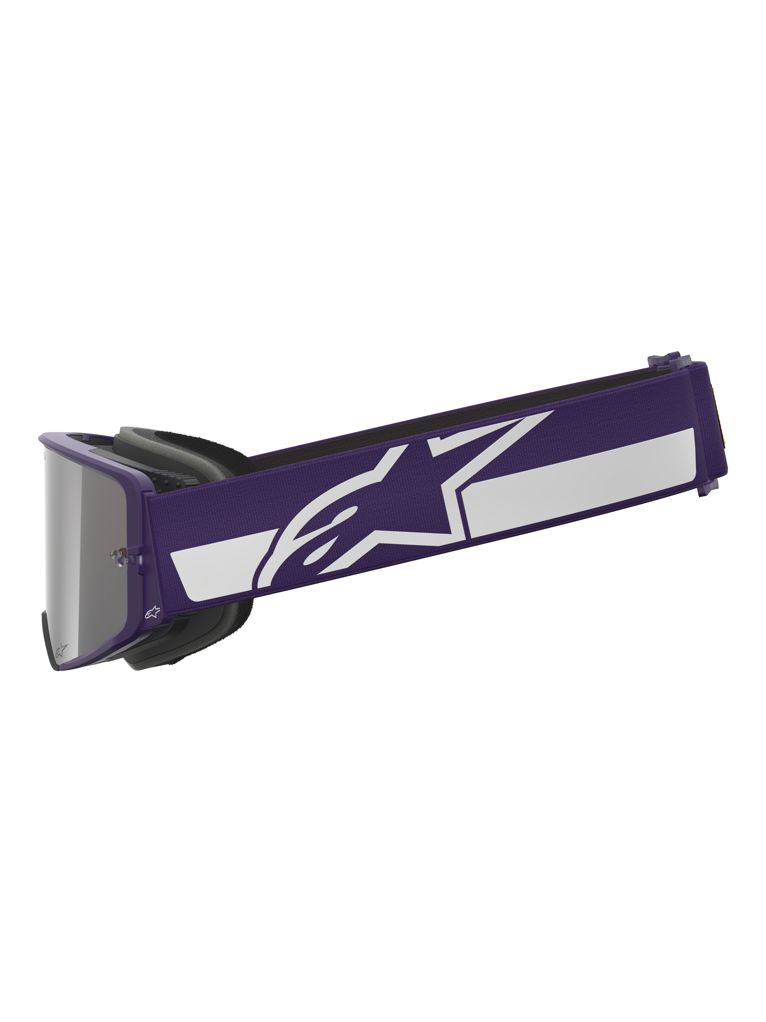 Alpinestars Limited Edition HUNTA96 XXV Supertech Vision Goggles, maschera da motocross, viola e bianco, profilo laterale con ampio cinturino viola, logo a stella Alpinestars bianco e striscia, lente a specchio argentata, occhiali da fuoristrada ad alte prestazioni
