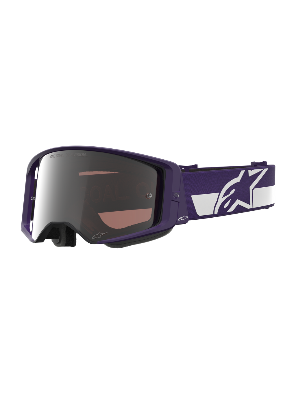 Alpinestars Limited Edition HUNTA96 XXV Supertech Vision Goggles, maschera da motocross, viola e bianco con lenti a specchio argentate, scritta "ONE GOAL. ONE VISION." sulla lente, ampia fascia regolabile con logo Alpinestars, protezione oculare per corse fuoristrada