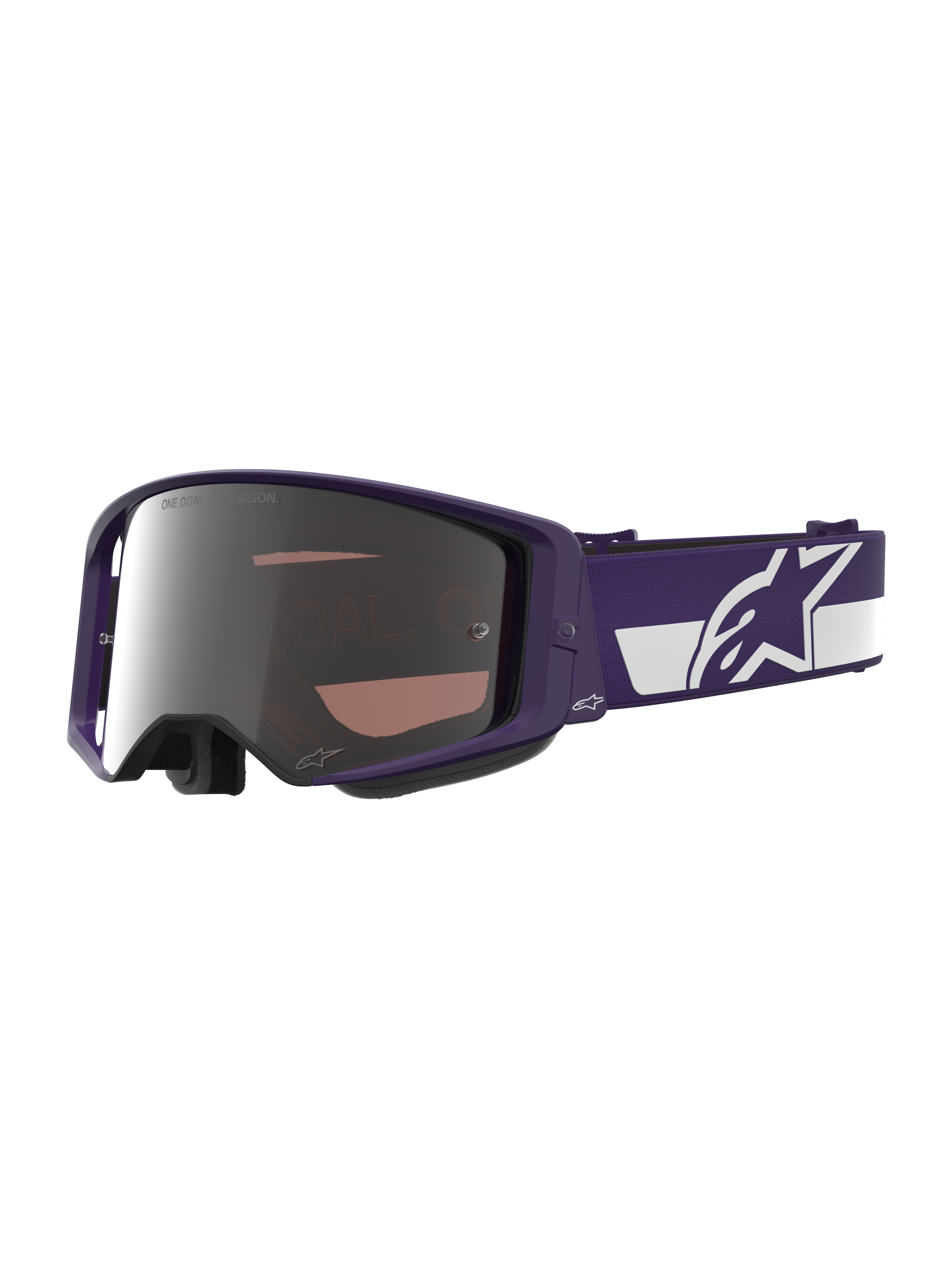 Alpinestars Limited Edition HUNTA96 XXV Supertech Vision Goggles, maschera da motocross, viola e bianco con lenti a specchio argentate, scritta "ONE GOAL. ONE VISION." sulla lente, ampia fascia regolabile con logo Alpinestars, protezione oculare per corse fuoristrada