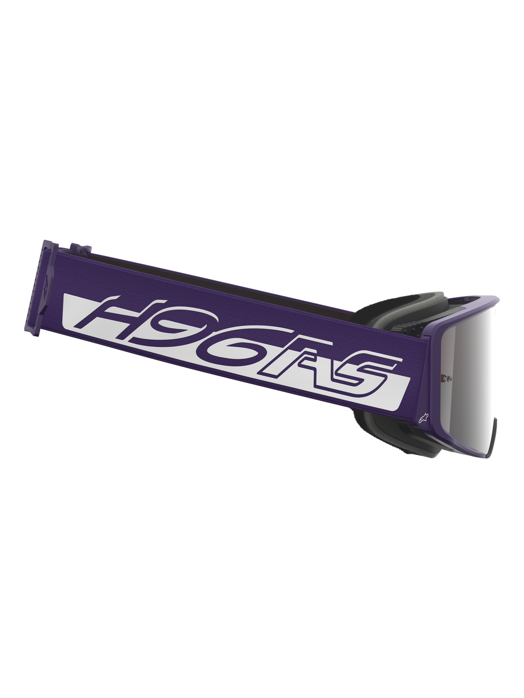 Maschera Alpinestars Limited Edition HUNTA96 XXV Supertech Vision, maschera da motocross, viola e bianco con lenti a specchio argentate, caratterizzata da un'ampia fascia viola con marchio H96RS bianco e design ispirato alla GT3