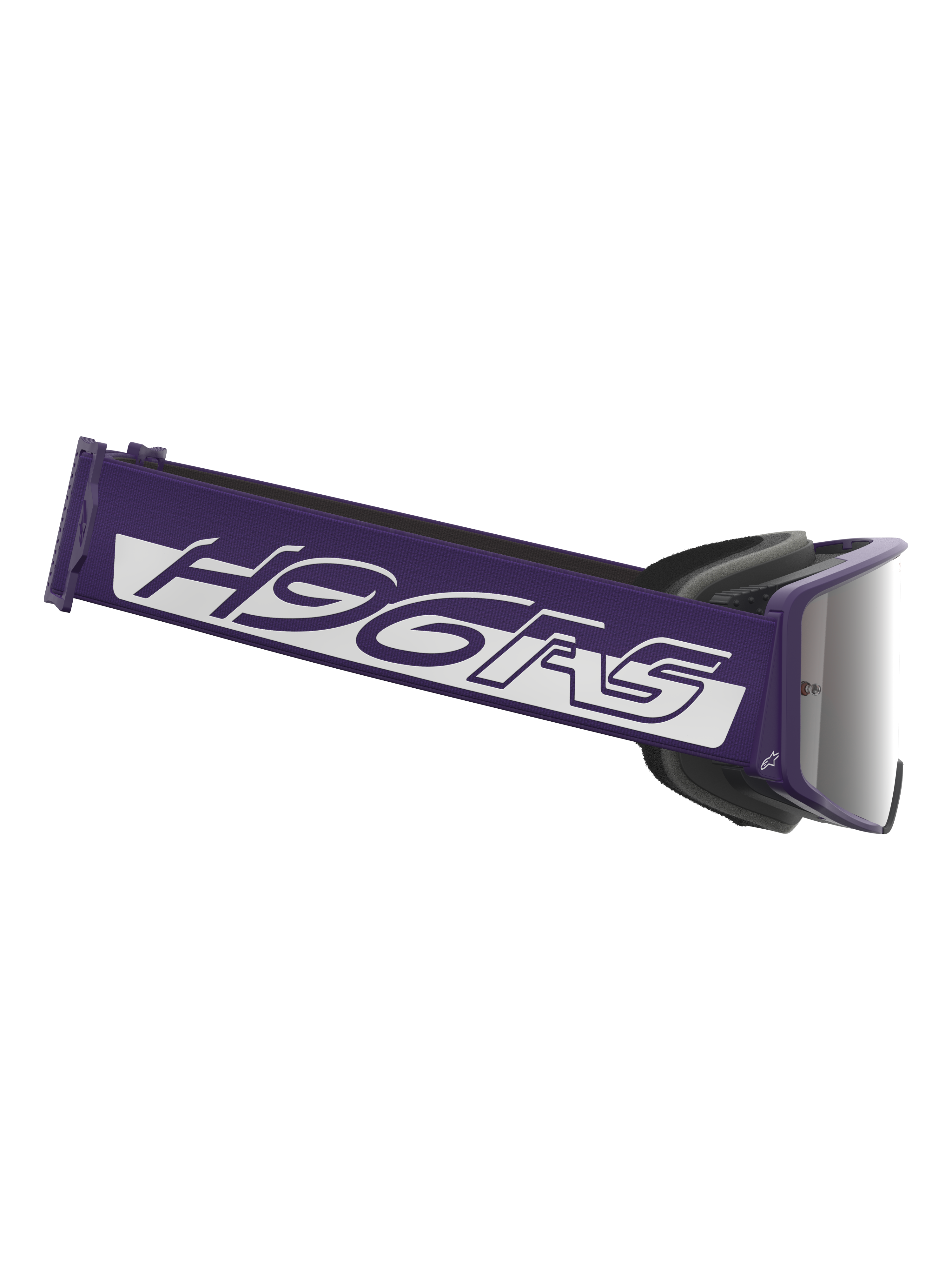 Maschera Alpinestars Limited Edition HUNTA96 XXV Supertech Vision, maschera da motocross, viola e bianco con lenti a specchio argentate, caratterizzata da un'ampia fascia viola con marchio H96RS bianco e design ispirato alla GT3
