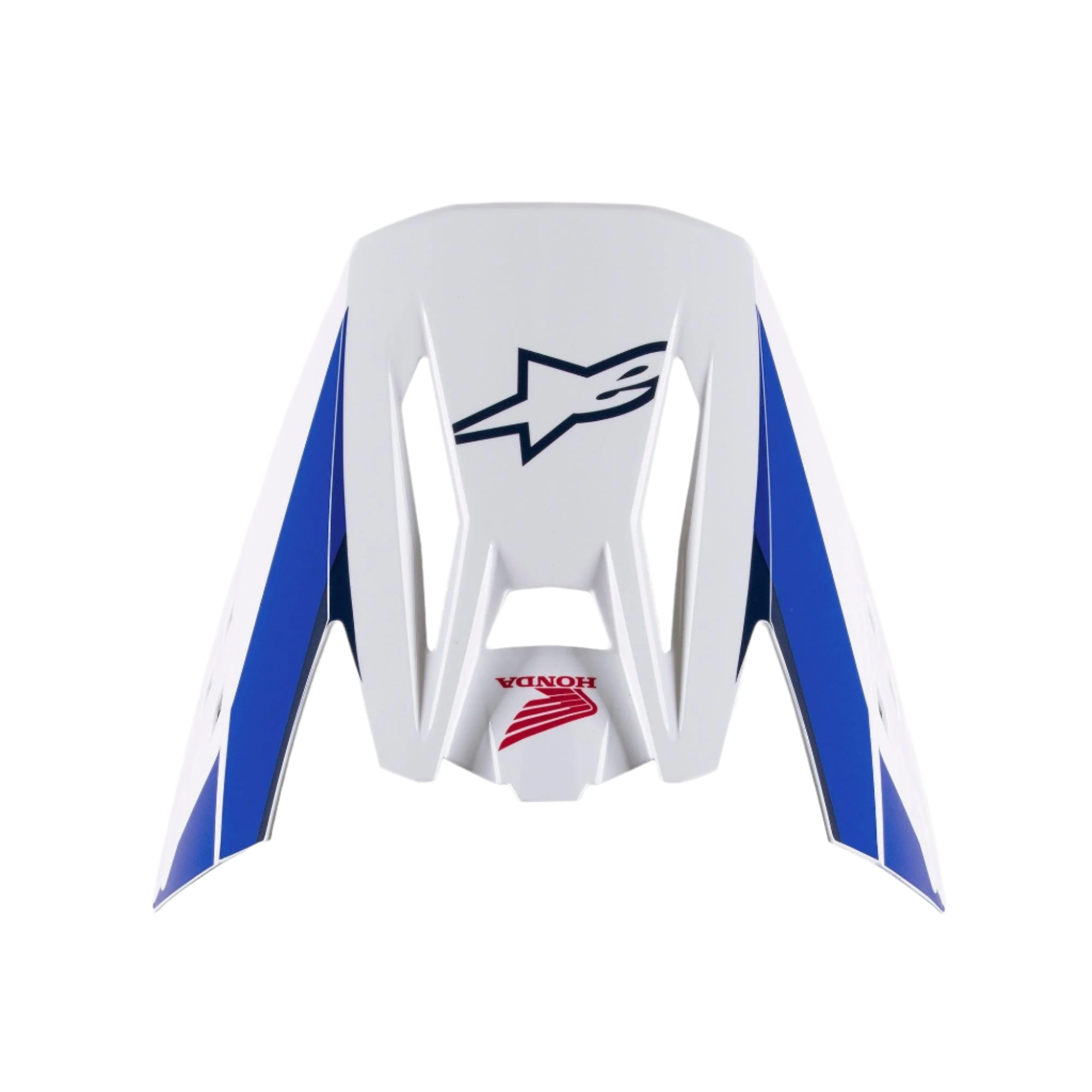 Alpinestars Honda S-M5 Visor, visiera di ricambio per casco, finitura lucida bianca, blu e rossa, pannelli laterali blu con loghi Alpinestars blu navy e Honda rossi, accessorio per casco da motocross