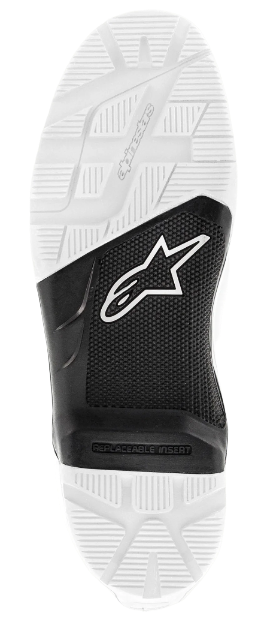 Alpinestars Suola Tech 7 Enduro, suola di ricambio in gomma, bianco e nero, vista dal basso con battistrada tassellato, logo Astars bianco sulla sezione centrale nera e marchio Alpinestars in rilievo, ricambio per stivali da moto fuoristrada