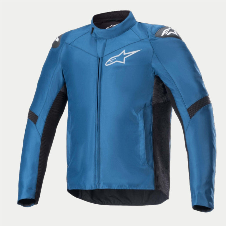 Giacca in tessuto Alpinestars T SP-5 Rideknit®, giacca da moto stradale, blu sodalite e nero, con logo Alpinestars bianco sul petto, pannelli elasticizzati in maglia nera sui lati e sull'interno delle braccia, costruzione in tessuto resistente per la guida sportiva