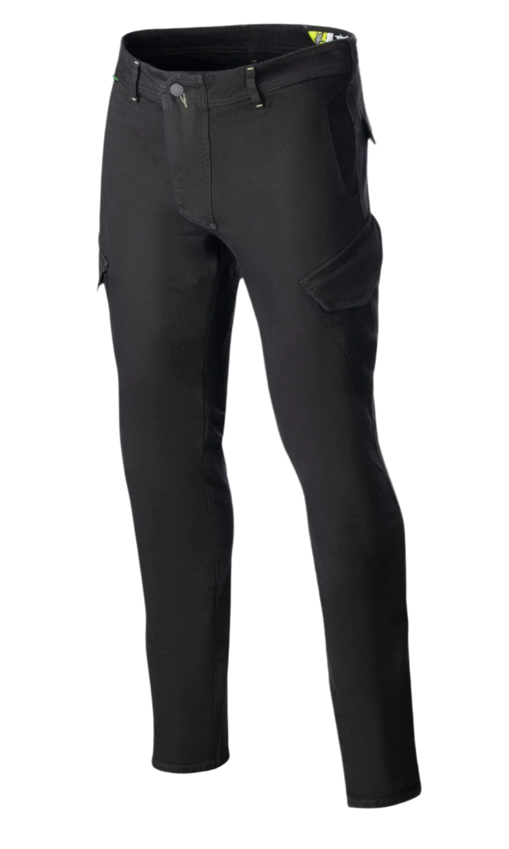 Alpinestars Caliber Slim Fit Tech Riding Pants, pantaloni da moto neri con tasche cargo angolate stile combat, vestibilità slim affusolata, passanti per cintura e chiusura con bottone, realizzati in denim Cordura stretch per un look urbano tecnico