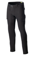 Alpinestars Caliber Slim Fit Tech Riding Pants, pantaloni da moto neri con tasche cargo angolate stile combat, vestibilità slim affusolata, passanti per cintura e chiusura con bottone, realizzati in denim Cordura stretch per un look urbano tecnico