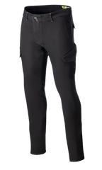 Alpinestars Caliber Slim Fit Tech Riding Pants, pantaloni da moto neri con tasche cargo angolate stile combat, vestibilità slim affusolata, passanti per cintura e chiusura con bottone, realizzati in denim Cordura stretch per un look urbano tecnico