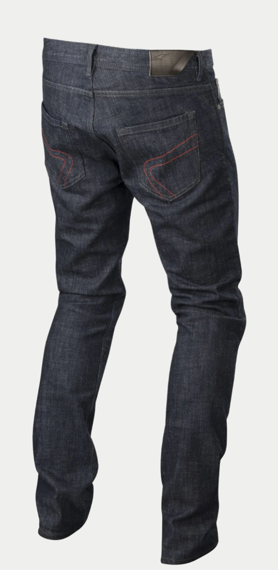 Alpinestars Copper Denim Pants, jeans da moto urban, blu scuro e rosso, vista posteriore con cuciture rosse decorative sulle tasche posteriori, toppa in pelle sulla cintura, taglio dritto regolare