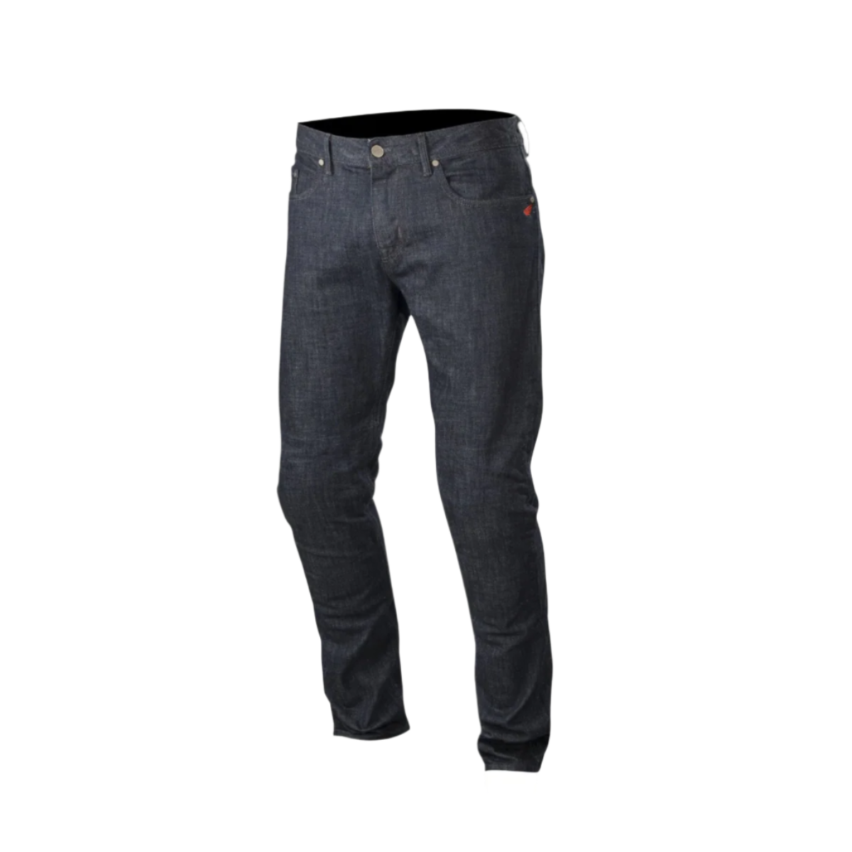 Alpinestars Copper Denim Pants, jeans da moto, blu scuro, taglio dritto regular con costruzione della gamba pre-sagomata, presenta un piccolo logo rosso sul taschino portamonete, classico design a cinque tasche per la mobilità urbana