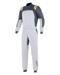Tuta Alpinestars GP Pro Comp, tuta da auto racing professionale, Silver Blue Asphalt Lime, corpo argento chiaro con pannelli sulle spalle grigio scuro e dettagli verde lime, vita con cintura e polsini a costine, costruzione a tre strati certificata FIA per prestazioni nel motorsport