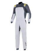Tuta Alpinestars GP Pro Comp, tuta da auto racing professionale, Silver Blue Asphalt Lime, corpo argento chiaro con pannelli sulle spalle grigio scuro e dettagli verde lime, vita con cintura e polsini a costine, costruzione a tre strati certificata FIA per prestazioni nel motorsport
