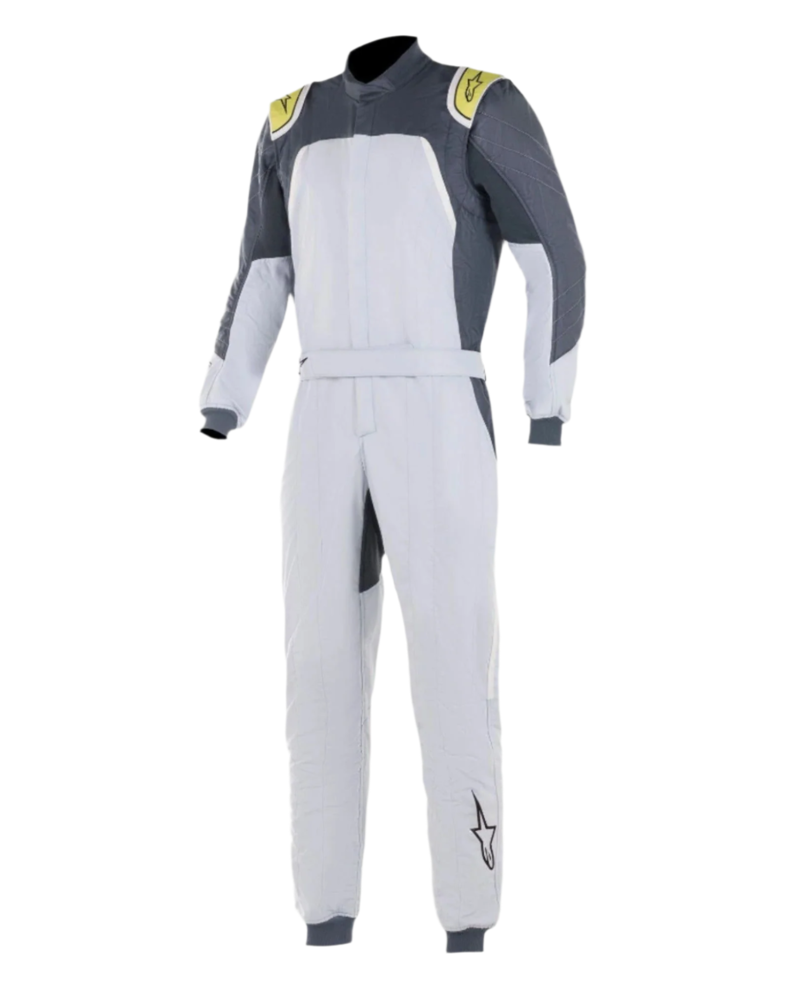 Tuta Alpinestars GP Pro Comp, tuta da auto racing professionale, Silver Blue Asphalt Lime, corpo argento chiaro con pannelli sulle spalle grigio scuro e dettagli verde lime, vita con cintura e polsini a costine, costruzione a tre strati certificata FIA per prestazioni nel motorsport