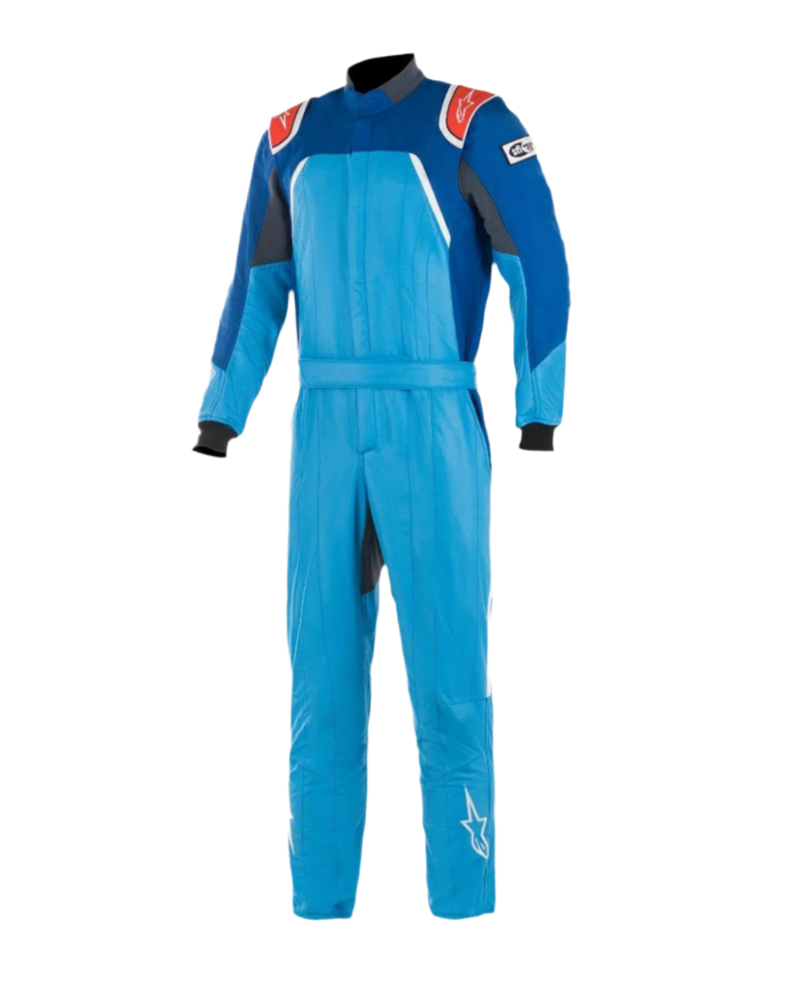 Tuta Alpinestars GP Pro Comp Bootcut FIA, tuta da auto racing, blu cobalto e blu royal con accenti rossi, spalline rosse con loghi bianchi, polsini neri e gambe bootcut, costruzione aramidica multistrato per gare su circuito