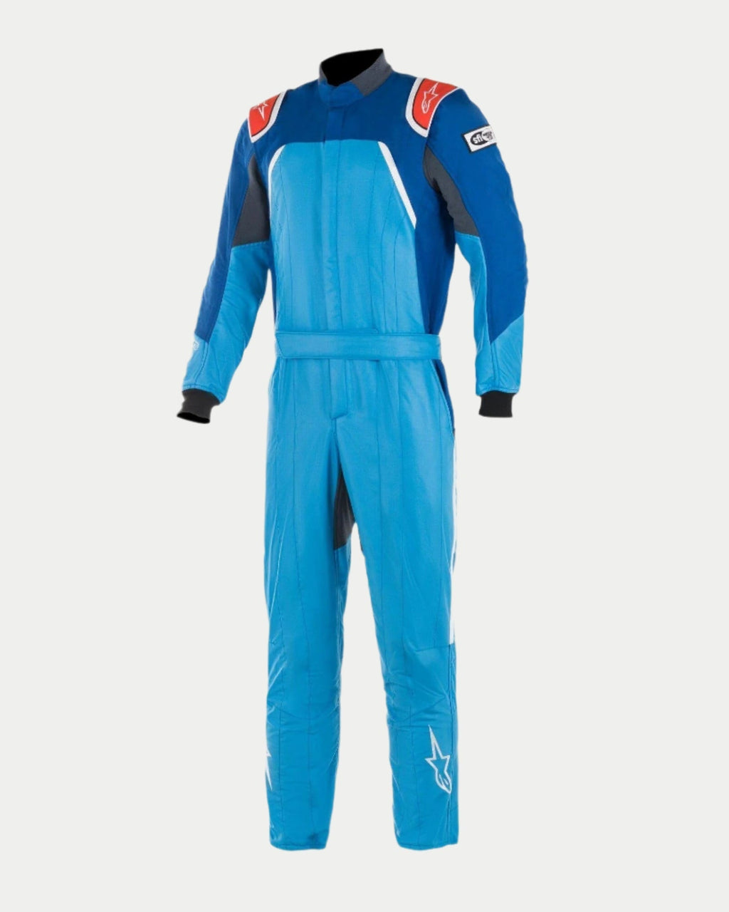 Alpinestars GP Pro Comp Bootcut Suit FIA, tuta professionale da racing, blu cobalto, blu royal e rosso, con costruzione aramidica a tre strati, spalline e gamba bootcut con loghi a stella bianchi