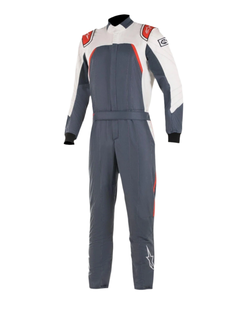 Alpinestars GP Pro Comp Bootcut Suit FIA, tuta da auto, grigio asfalto, bianco e rosso, tuta monopezzo da motorsport con parte superiore del torace e maniche bianche, dettagli rossi sulle spalle, corpo grigio asfalto scuro e gamba con taglio bootcut.