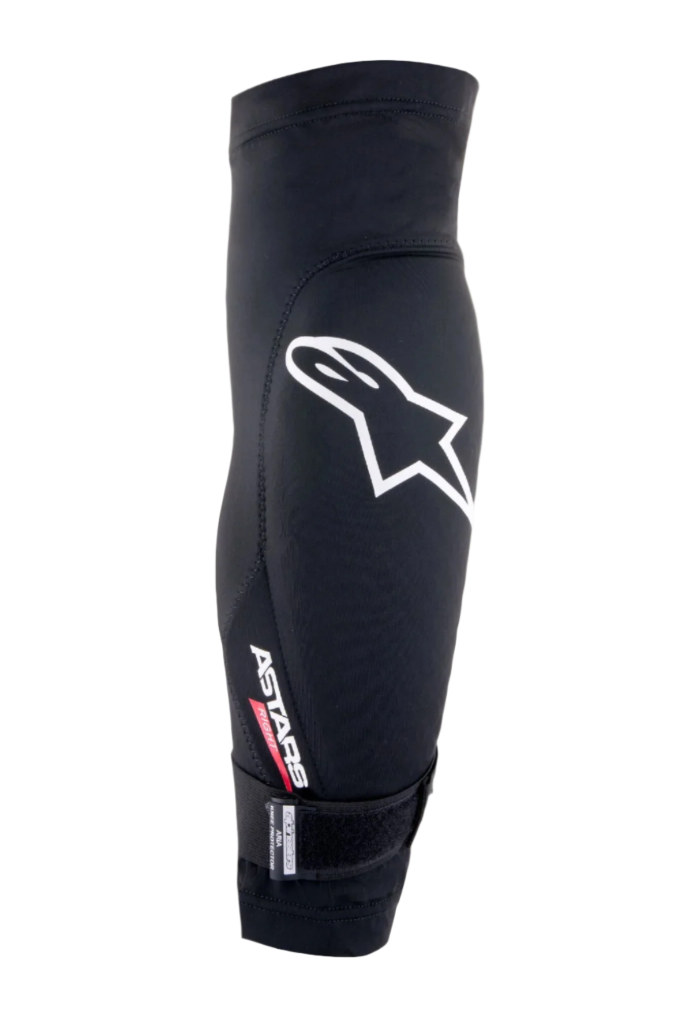 Ginocchiera Alpinestars Aria, nero e bianco, manica in rete traspirante con grande logo Astars bianco, scritta 'ASTARS RIGHT' e cinghia inferiore regolabile, protezione leggera per mountain bike e ciclismo