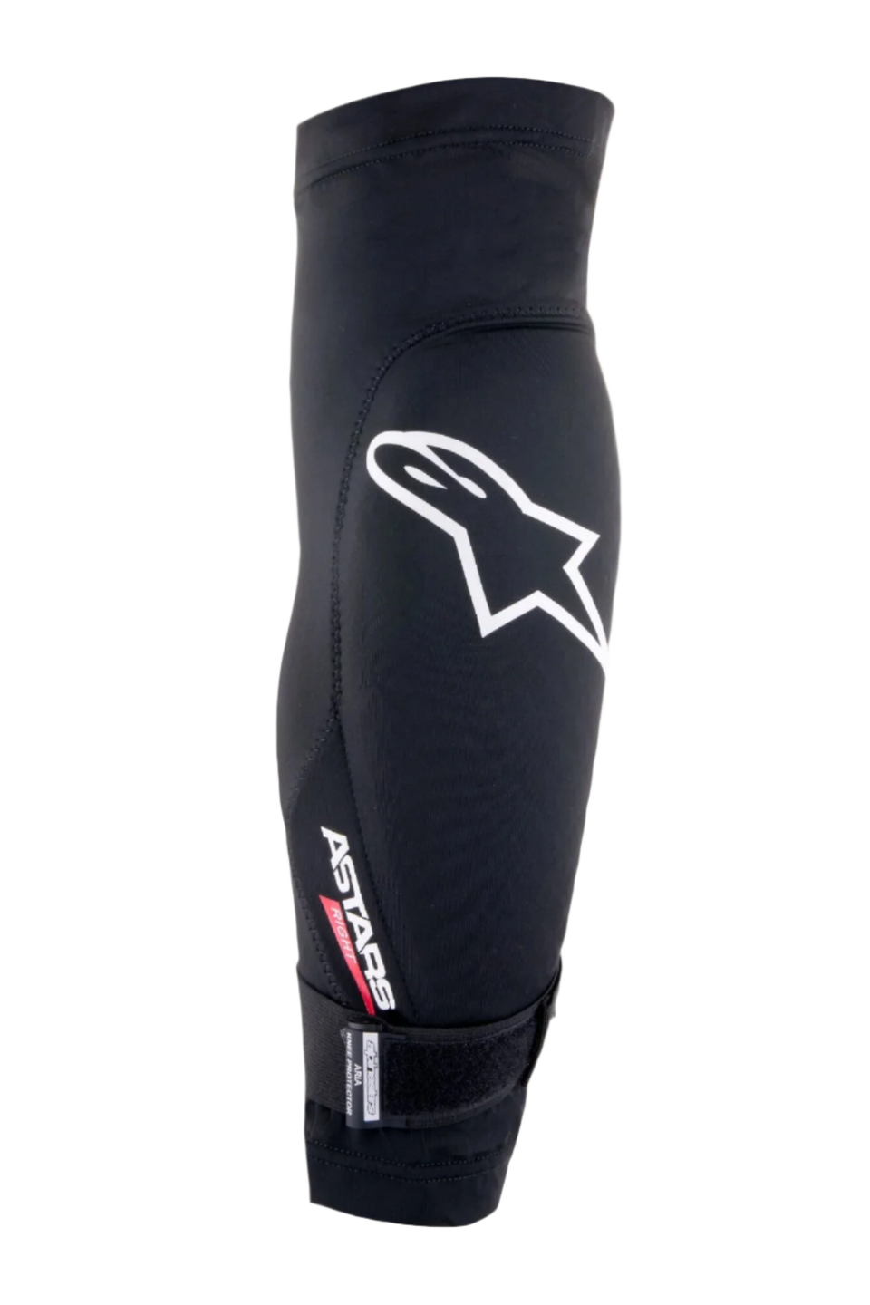 Ginocchiera Alpinestars Aria, nero e bianco, manica in rete traspirante con grande logo Astars bianco, scritta 'ASTARS RIGHT' e cinghia inferiore regolabile, protezione leggera per mountain bike e ciclismo