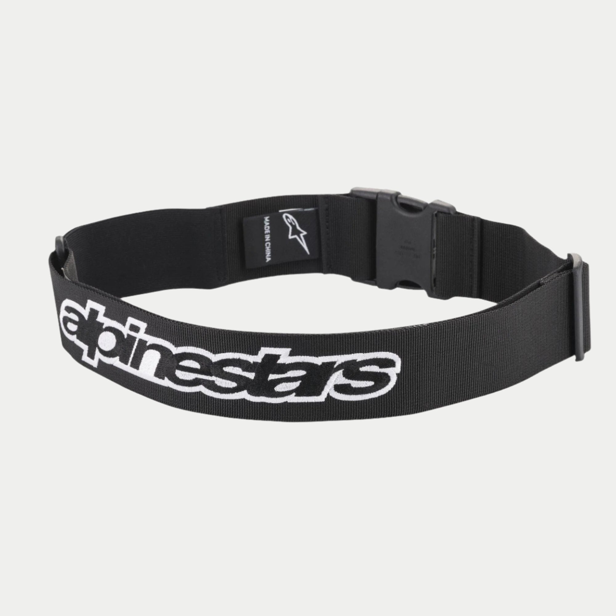 Alpinestars Pit Radio Belt, cintura tecnica porta-attrezzi nera, logo Alpinestars ricamato in bianco, chiusura con fibbia a scatto in plastica, materiale in politessuto elasticizzato per meccanici ai box