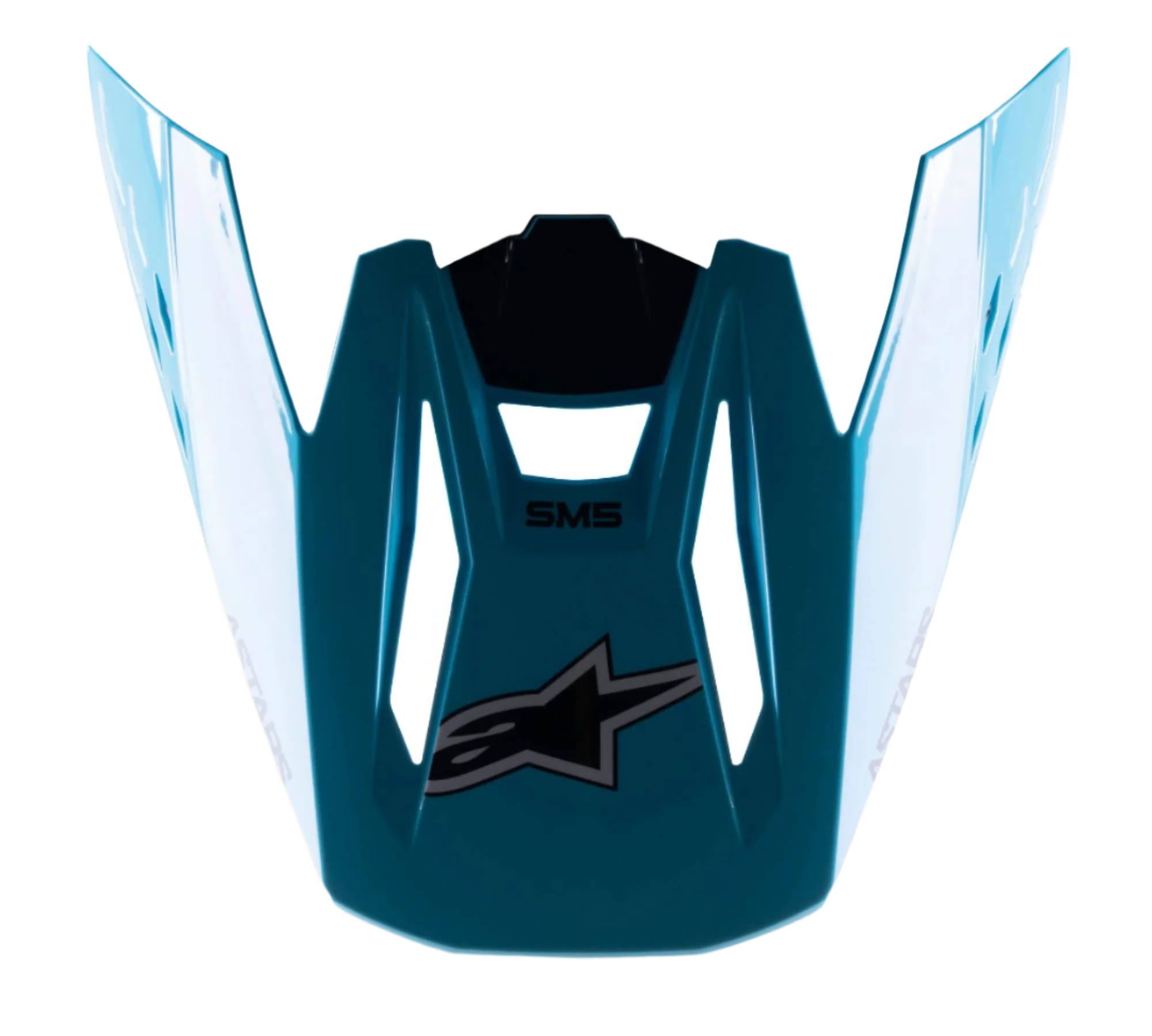 Visiera per casco Alpinestars S-M5 Speed, accessorio per casco da motocross, azzurro e nero lucido, con logo a stella Alpinestars nero e marchio SM5, design aerodinamico con finitura lucida, frontino di ricambio in plastica resistente per corse fuoristrada