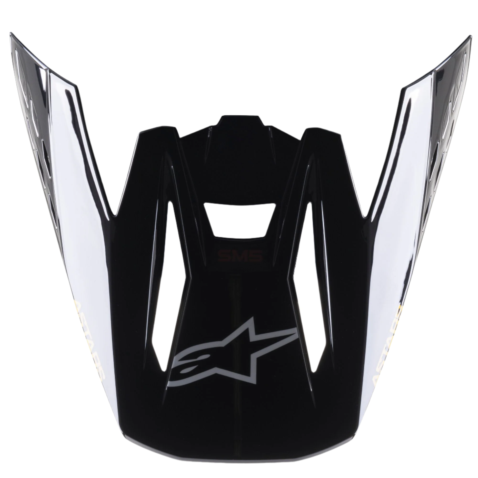 Alpinestars Visiera per Casco S-M5 Venture, accessorio per casco da motocross, nero lucido, frontino di ricambio con logo Alpinestars argento sul davanti e marchio bianco sui lati, plastica resistente con finitura lucida per gare fuoristrada.