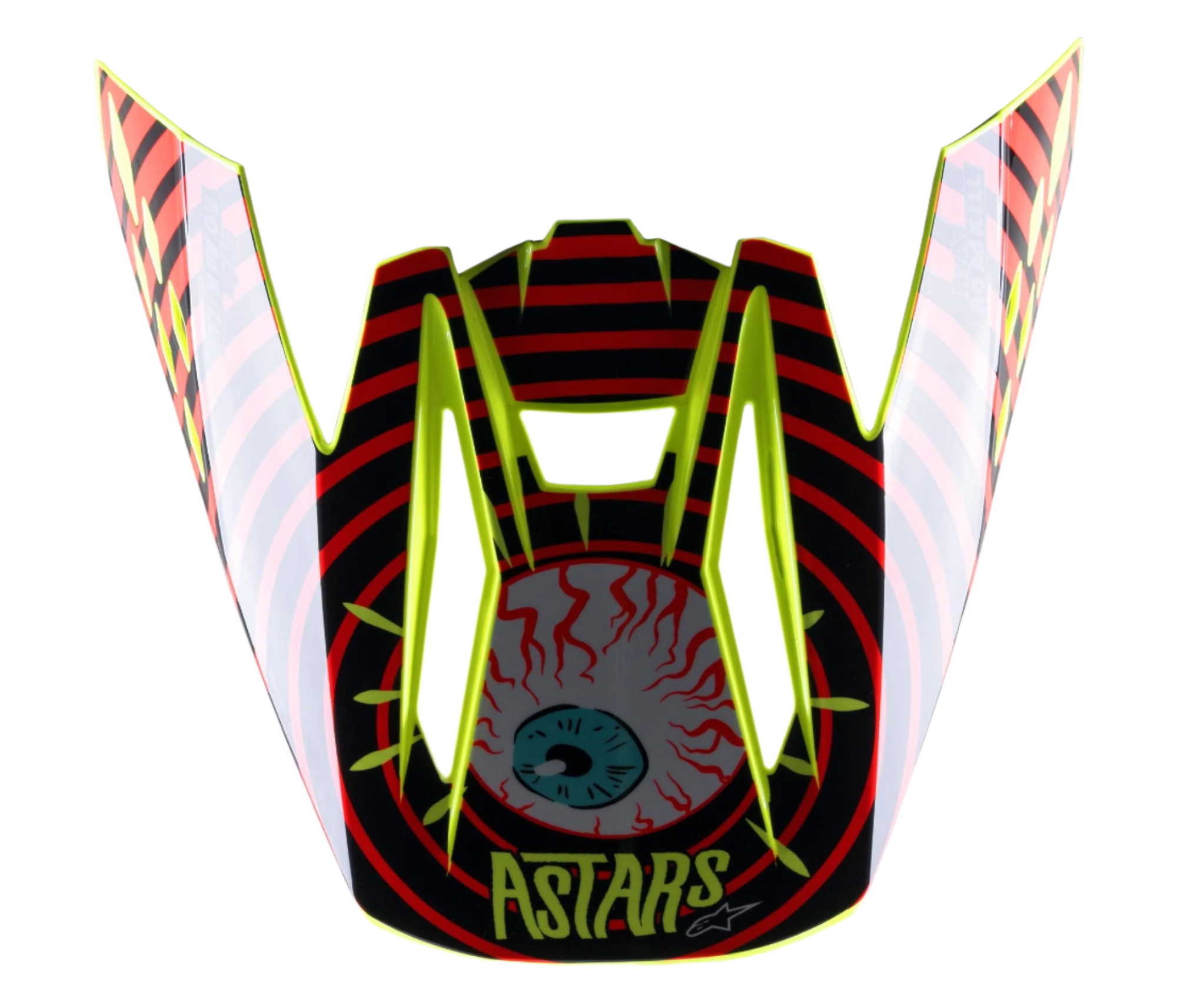 Visiera Alpinestars S-M5 Solar Flare, frontino di ricambio per casco da motocross, nero, rosso e giallo fluo, con grafica di un bulbo oculare iniettato di sangue, logo ASTARS e bordo giallo neon vibrante