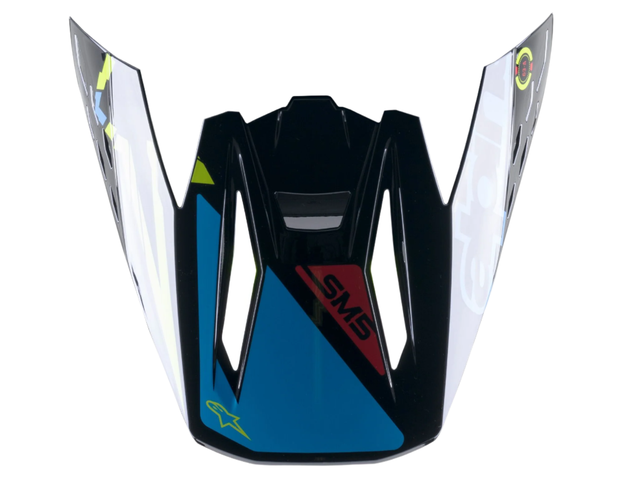 Visiera Alpinestars S-M5 Action, ricambio per casco da motocross, nero, ciano e giallo fluo lucido, con marchio SM5 e logo a stella, design ad aggancio rapido per la guida fuoristrada