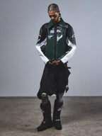 Alpinestars RSRV Alloy Leather Jacket, giacca da moto in pelle premium, verde, nero e bianco, design lucido con logo RSRV, collezione lifestyle streetwear, stile urbano racing heritage