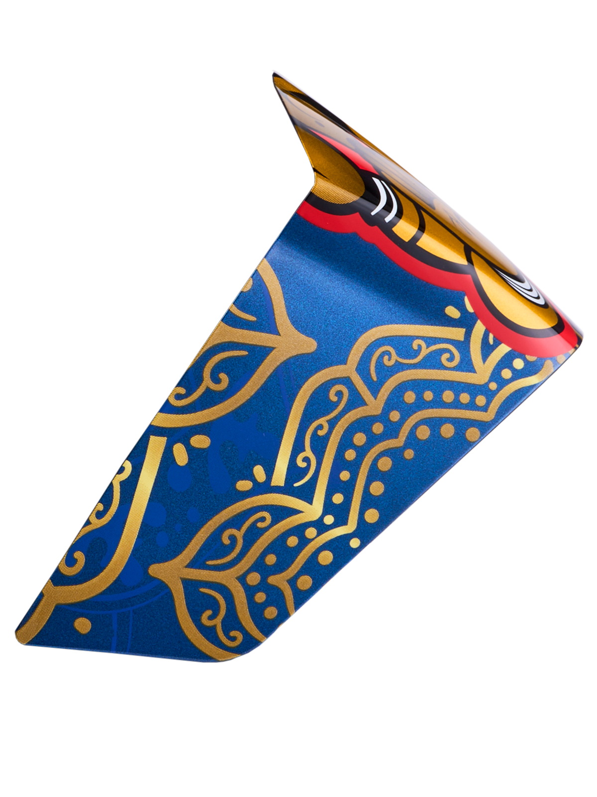 Spoiler da gara Alpinestars Supertech R10 Martinator Thai in blu e oro lucido con motivi intricati e dettagli rossi.