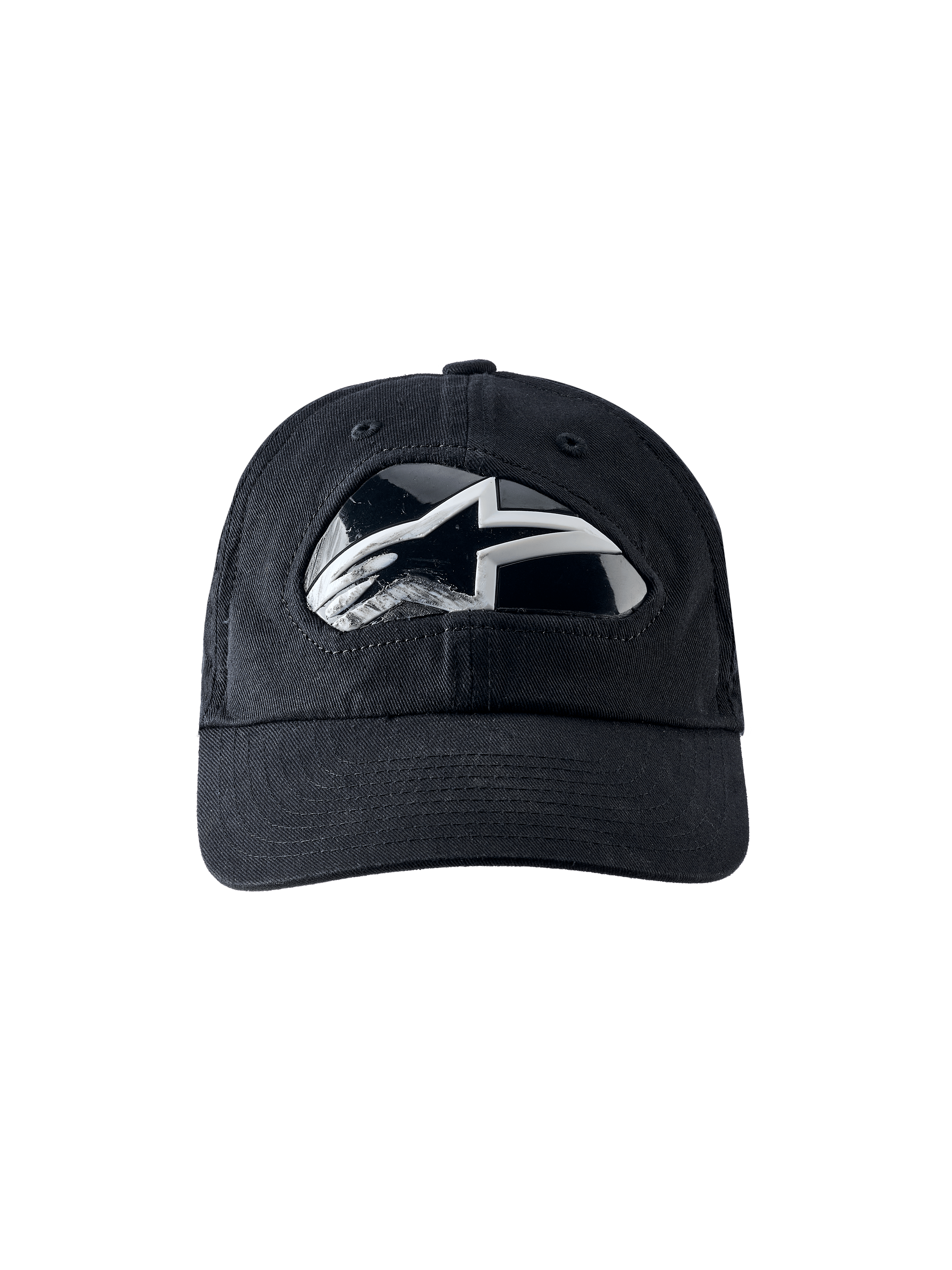 Alpinestars RSRV Shield Cap, cappellino da baseball nero con logo riflettente argentato e bianco, visiera curva, design moderno premium