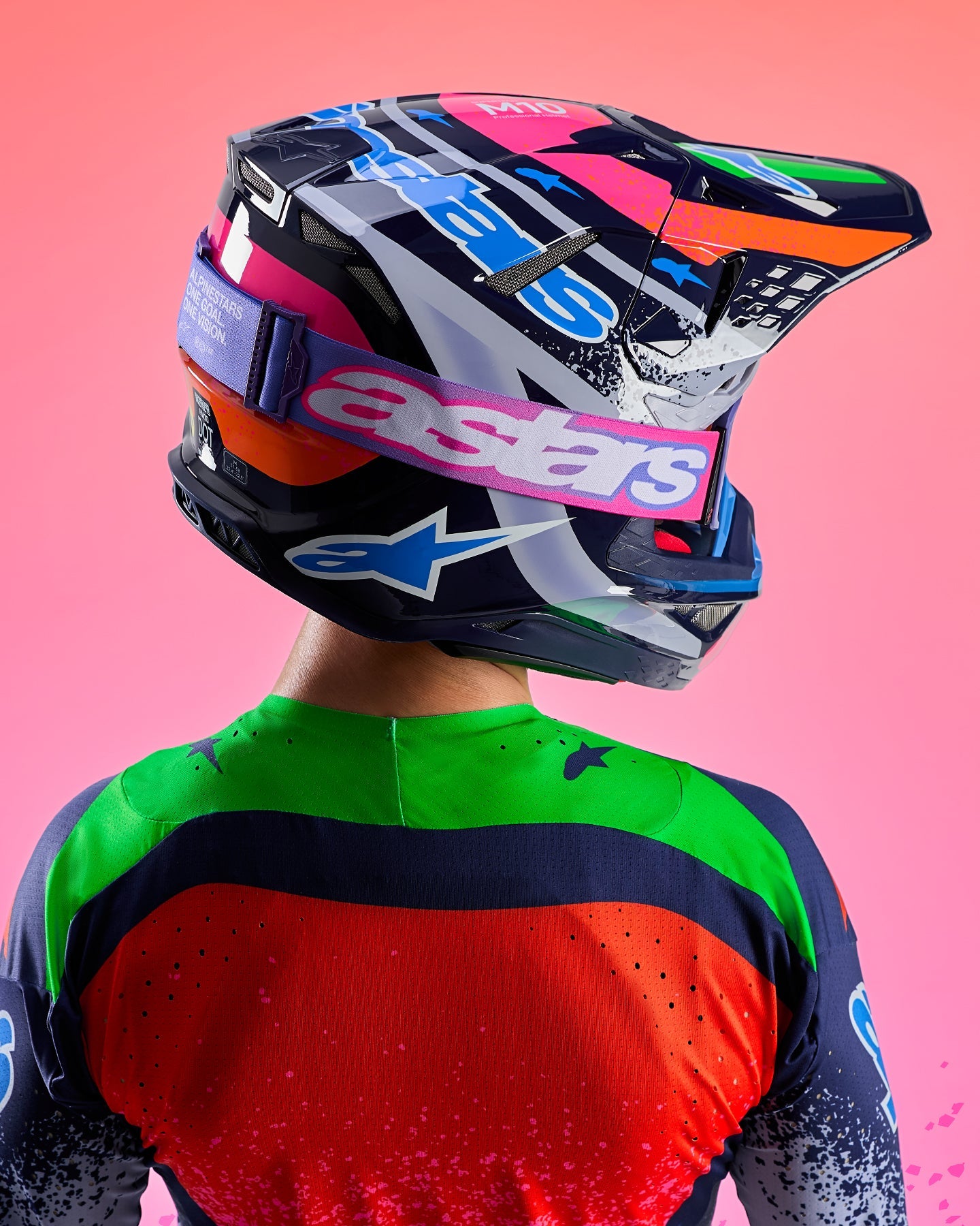 Alpinestars Limited Edition Supertech M10 Records Helmet, Motocross Helmet, Multicolor Glossy, Pink and Blue Graphics.